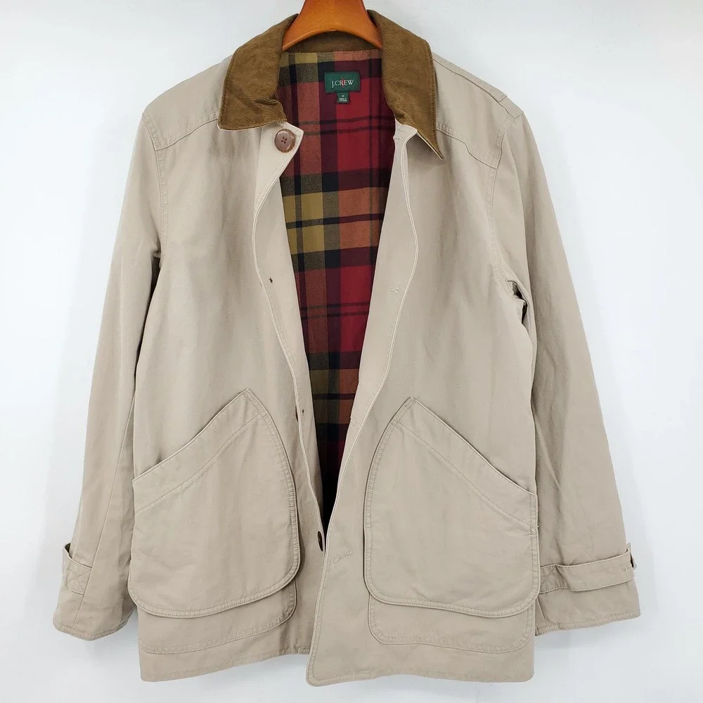 J.Crew Mens 1983 Barn Jacket Scout Khaki Plaid Flannel Line BW485 M Chore Canvas